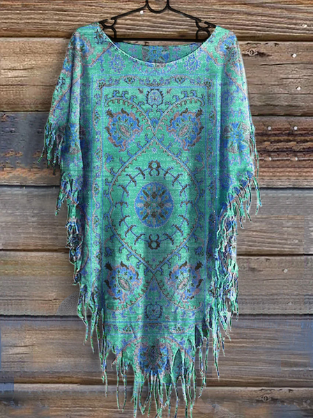 Women's Vintage Floral Totem Print Punk Hippie Batwing Tussle Fringes Poncho T-Shirt, T-shirts, Lilicloth.com
