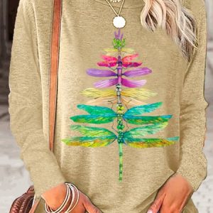 Women's dragonfly Christmas Tree Casual Letters Crew Neck Top, Long sleeves, Lilicloth.com