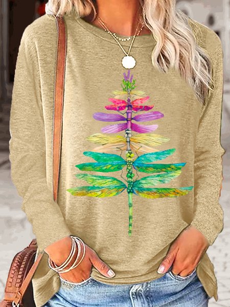 Women's dragonfly Christmas Tree Casual Letters Crew Neck Top, Long sleeves, Lilicloth.com