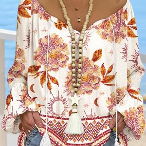 Tribal Print Tassel Design Lantern Sleeve Shirred Blouse Casual Top, women Blouses & Shirts, ChicMe catalog