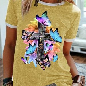 Women's Religious Belief Colorful Butterfly Funny Graphic Printing Cotton-Blend Text Letters Casual T-Shirt, T-shirts, Lilicloth.com