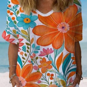 Women's Short Sleeve Blouse Summer Floral Cotton Crew Neck Daily Going Out Casual Top, JustFashionNow Blouses, color:Orange|size:XXL,