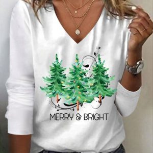 Women's Christmas Printed V-Neck Long Sleeve T-Shirt, Long sleeves, Lilicloth.com