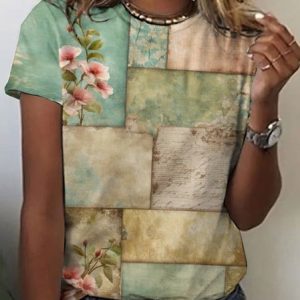 Vintage Geometric Crew Neck Short Sleeve T-shirt, T-shirts, color:Green|size:4XL, catalog Noracora shop