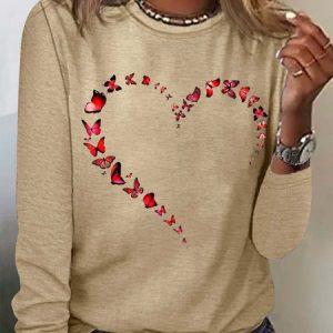 Women's Butterfly Heart Crew Neck Casual Top, Long sleeves, Lilicloth.com