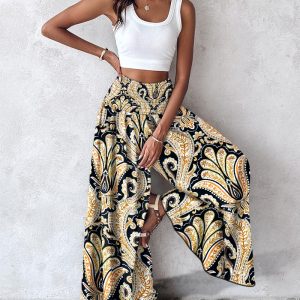 Paisley Print Shirred High Waist Wide Leg Pants Vintage Pants, women Pants, ChicMe catalog
