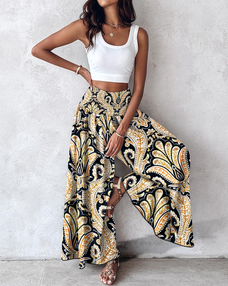 Paisley Print Shirred High Waist Wide Leg Pants Vintage Pants, women Pants, ChicMe catalog