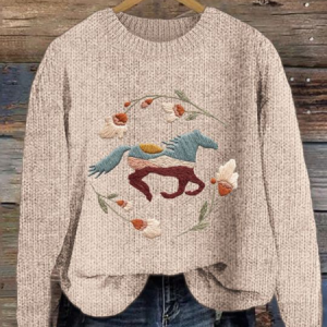 Women's Vintage Embroidered Horse Print Crew Neck Knit Sweater, Sweaters, Lilicloth.com