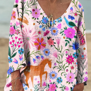 Women's Colorful Flowers Print Casual V-neck Long Sleeve Comfortable Cotton T-shirt, Long sleeves, Lilicloth.com
