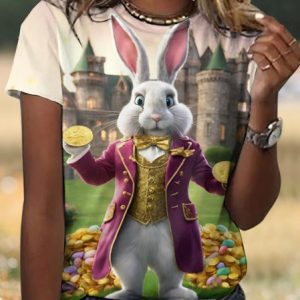 Casual Easter Rabbit Animal Crew Neck Short Sleeve T-shirt, T-shirts, color:Pink|size:4XL, catalog Noracora shop