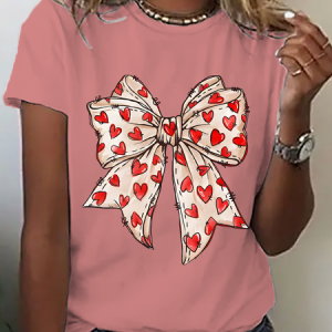 Valentine's Day Coquette Bow Hearts Cotton T-Shirt, T-shirts, Lilicloth.com