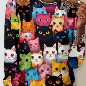 Funny Casual Cat Crew Neck Long Sleeve Shirt, Long sleeves, Lilicloth.com