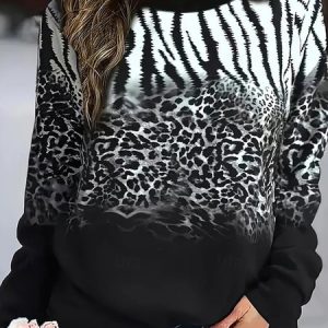 Leopard Print Long Sleeve Crew Neck Sweatshirt, Hoodies&Sweatshirts, Lilicloth.com