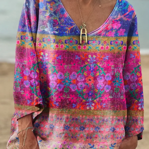 Women's Floral Power Print Casual V-neck Long Sleeve Comfortable Cotton T-shirt, Long sleeves, Lilicloth.com