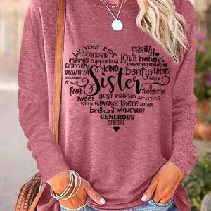 Women Sister Heart Simple Text Letters Regular Fit Long sleeve Top, Long sleeves, Lilicloth.com