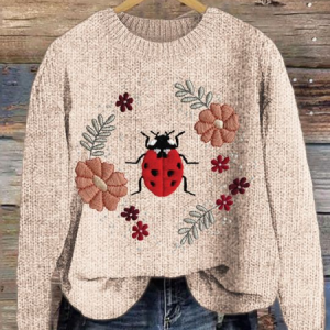Women's Embroidered Floral Ladybug Print Crew Neck Knit Sweater, Sweaters, Lilicloth.com