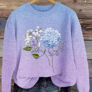 Floral Art Gradient Round Neck Sweater, Sweaters, Lilicloth.com