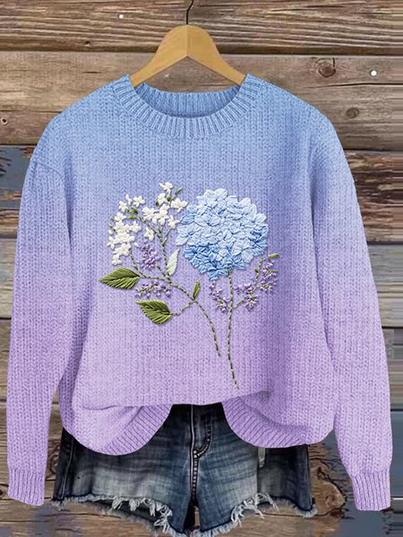 Floral Art Gradient Round Neck Sweater, Sweaters, Lilicloth.com