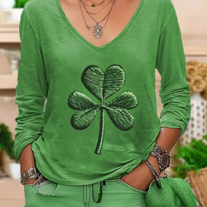 St. Patrick's Day Clover Print 100% cotton V-neck long sleeve T-shirt, Long sleeves, Lilicloth.com
