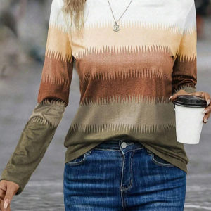 Women's Contrast Color Geometric Design Casual T-Shirt, Long sleeves, Lilicloth.com