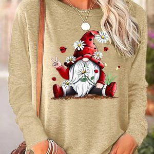 Womens Hippie Gnomes White Daisy Crew Neck Casual Top, Long sleeves, Lilicloth.com