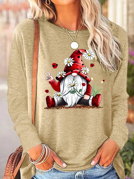 Womens Hippie Gnomes White Daisy Crew Neck Casual Top, Long sleeves, Lilicloth.com