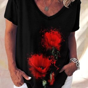 Women's Poppy Print Vintage Casual Top, T-shirts, Lilicloth.com