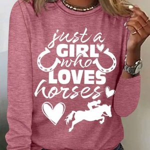 Women's Funny Just a Girl Who Loves Horses Text Letters Regular Fit Cotton-Blend Long Sleeve Top, Long sleeves, Lilicloth.com