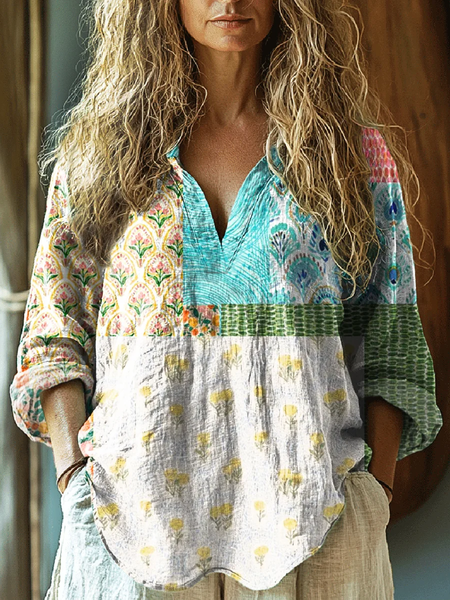 Ladies vintage pastoral floral print casual V Neck Loose Cotton-Blend Casual Shirt, Blouses, Lilicloth.com