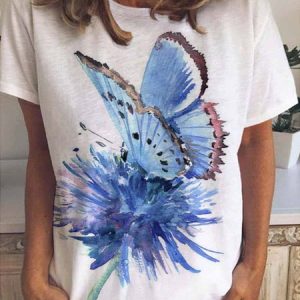 Blue Butterfly and Blue Flower Women's Short Sleeve T-Shirt, T-shirts, Lilicloth.com