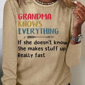 Women's Grandma Know Everthing Funny Letters Casual Top, Long sleeves, Lilicloth.com