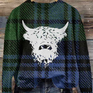 Scottish Highlands Cowprint Round Neck Sweater, Sweaters, Lilicloth.com