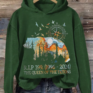 Retro Rip Grizzly 399 The Queen Of The Tetons 1996-2024 Print Hoodie, Hoodies&Sweatshirts, Lilicloth.com