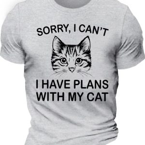 Men's Sorry I Can't I Have Plans with My Cat Casual Cotton Loose T-Shirt, T-shirts, Lilicloth.com