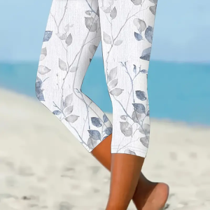 Casual Floral Printing Capris Elastic Waist Leggings, Leggings, color:White|size:XXL, catalog Noracora shop