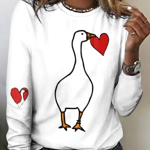 Casual Cute Goose Crew Neck Long Sleeve T-shirt, T-shirts, color:White|size:4XL, catalog Noracora shop