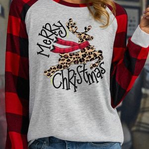 Women's Leopard Grain Elk Buffalo Plaid Graphic Print Merry Christmas Loose Crew Neck Long Sleeve Top, Long sleeves, Lilicloth.com