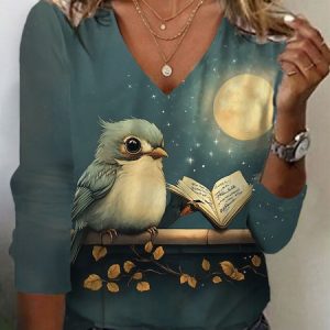 Bird Print Long Sleeve V-Neck T-shirt, Long sleeves, Lilicloth.com