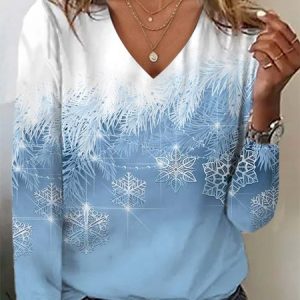 Casual Christmas V-Neck Long Shirt, Long sleeves, Lilicloth.com