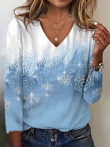 Casual Christmas V-Neck Long Shirt, Long sleeves, Lilicloth.com
