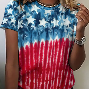 Women's Crew Neck Simple Tie-Dye Pattern America Flag Loose T-Shirt, T-shirts, Lilicloth.com