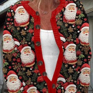 Women's Santa Claus Art Print Knit Cardigan, Cardigans, Lilicloth.com