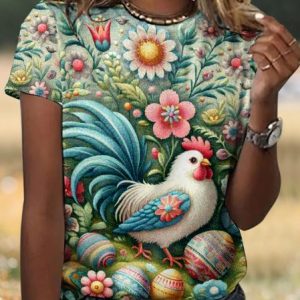 Vintage Easter Floral Crew Neck Short Sleeve T-shirt, T-shirts, color:Apricot|size:4XL, catalog Noracora shop