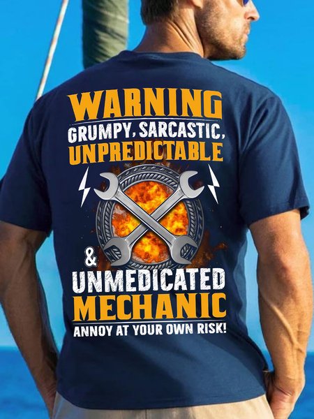 Men's Warning Grump Sarcastic Unpredictable Unmedicated Mechanic Annoy At Your Own Risk Funny Graphic Print Crew Neck Casual Cotton Loose T-Shirt, T-shirts, Lilicloth.com