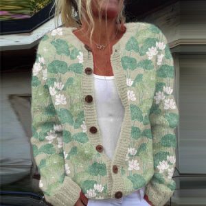 Vintage Water Lily Art Knitted Sweater Cardigan, Cardigans, Lilicloth.com
