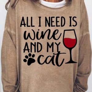 Women's All I Need Is Wine And My Cat Casual Sweatshirt, Hoodies&Sweatshirts, Lilicloth.com