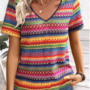 Vintage Striped V Neck Short Sleeve T-shirt, T-shirts, color:As Picture|size:XXL, catalog Noracora shop