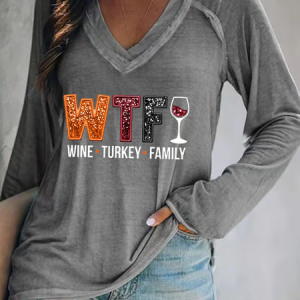 Women's WTF Wine Turkey Family Print V Neck T-Shirt, Long sleeves, Lilicloth.com