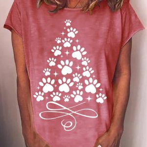 Women's Paw Christmas Tree Printed Casual Crew Neck T-shirt, T-shirts, Lilicloth.com