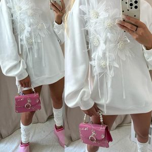 Mesh Floral Pattern Beaded Sweatshirt Drop Shoulder Pullover Casual Dress, women Sweats & Hoodies, ChicMe catalog